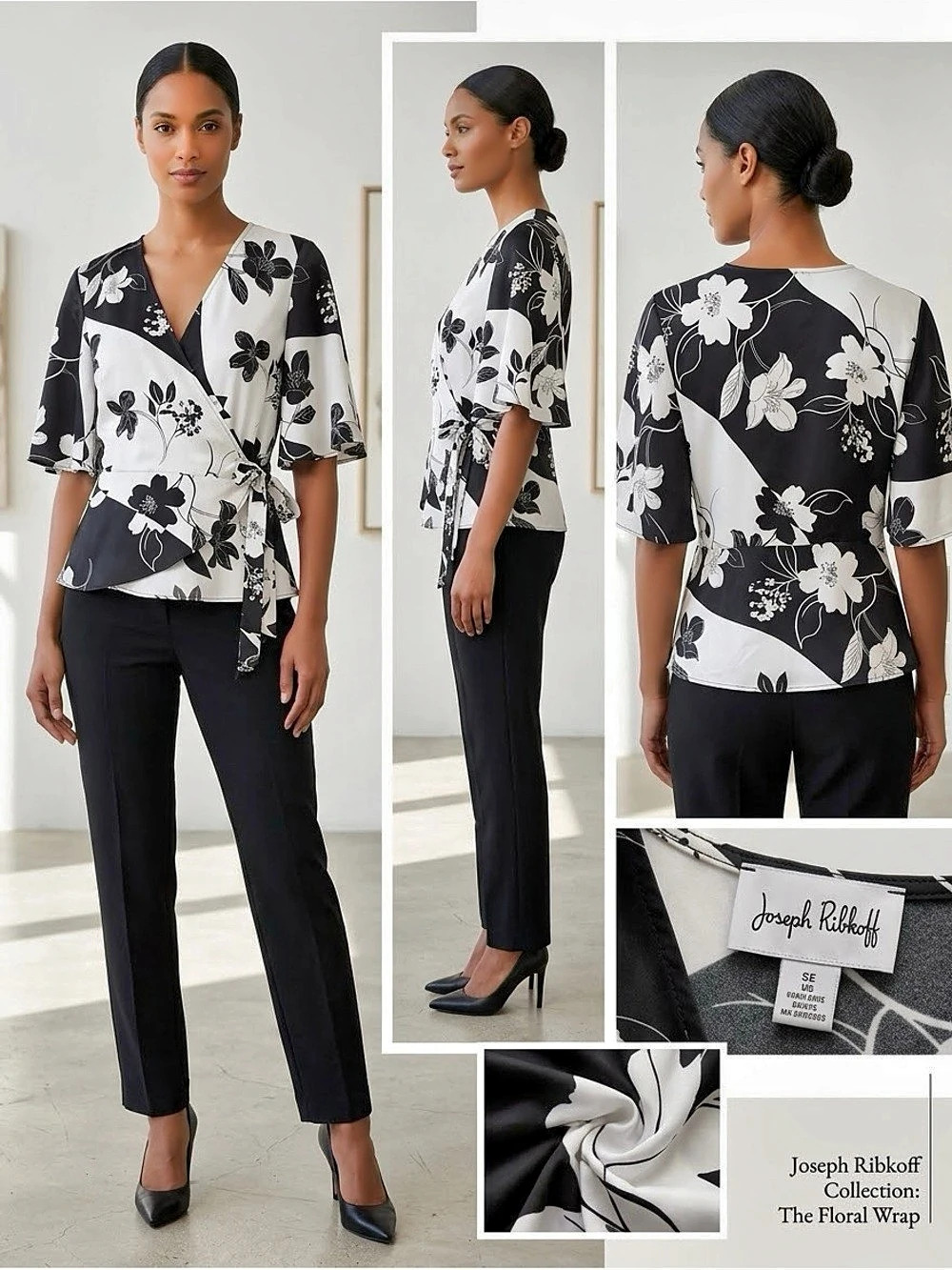Joseph Ribkoff The Floral Wrap Floral Blouse Black & White Medium